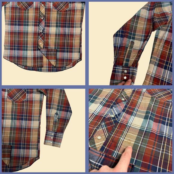90s Wrangler western shirt, vintage 15.5-34 burgundy plaid pearl snap top - Picture 2 of 6